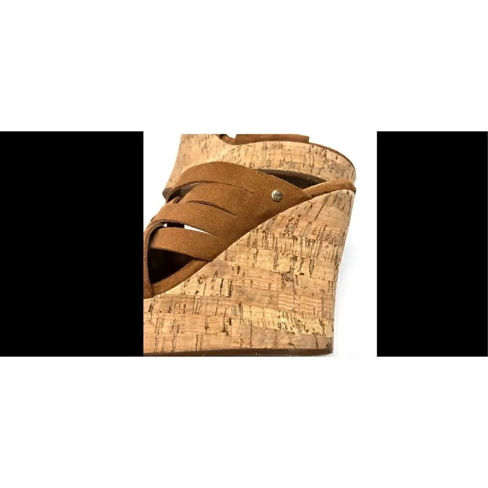 UGG Marta chestnut cork, slip on wedges, size 8W soft suede with woven straps al
